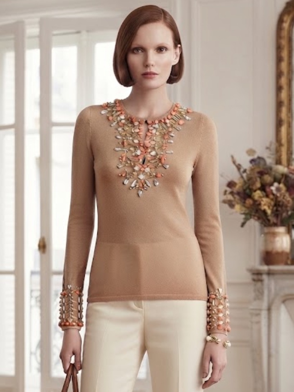Vintage Bebe Tan Hand Beaded Silk Cashmere Sweater - Embellished Neutral